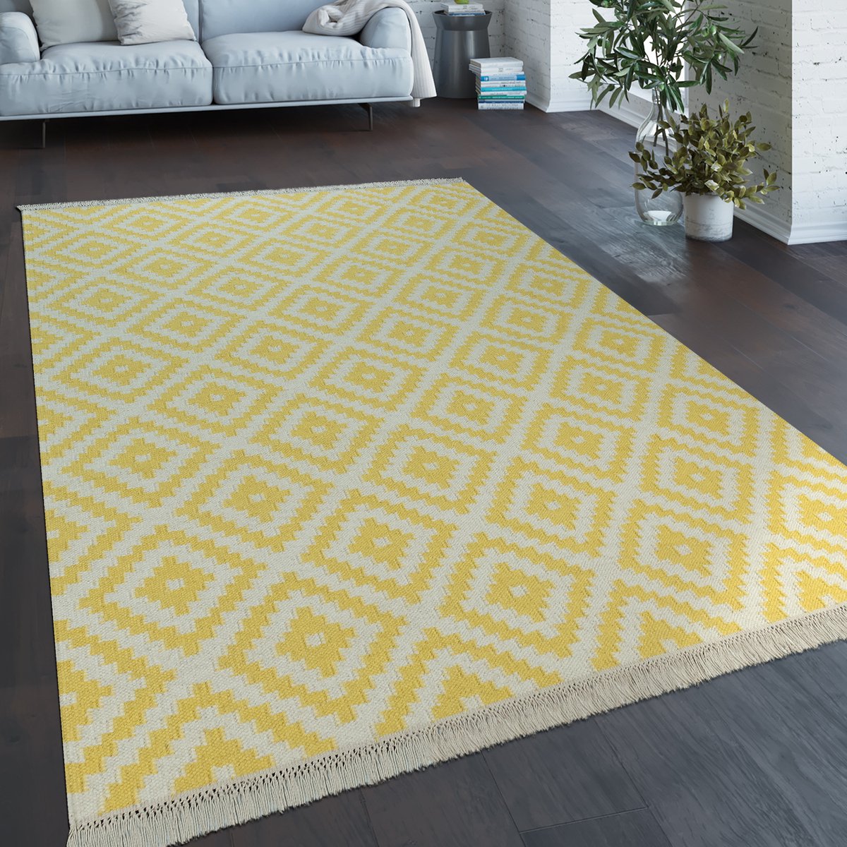 Paco Home Vloerkleed Modern Marokkaans Patroon Handgeweven Scandinavisch Ruiten Franje Geel Wit 160x230 cm