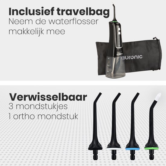 Auronic Waterflosser - Monddouche Elektrisch - 3 Standen - Draadloos en Oplaadbaar - 300 ml - 4 Opzetstukjes - Zwart