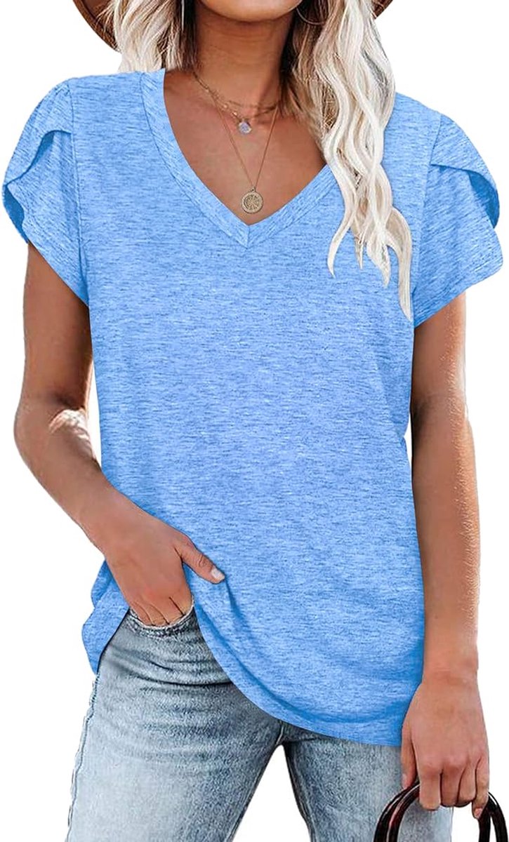 Mouwen voor Dames Elegante Top Casual Dagelijks Klassiek Shirt Causal Printing V Neck Top Shirt Petal Sleeves 2XL Blauwe Lucht