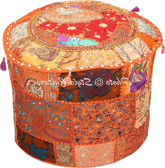Stylo Culture Indiase Ottomaanse Poefje Voetenbank Cover Bruin Indiase Geborduurd Patchwork Katoen Traditionele Ronde Stof Poef Ottomaanse Cover (16x16x13 Inch) 40cm Stylo Culture Indiase Ottomaanse Poefje Voetenbank Cover Bruin Indiase Geborduurd Patchwork Katoen Traditionele Ronde Stof Poef Ottomaanse Cover (16x16x13 Inch) 40cm