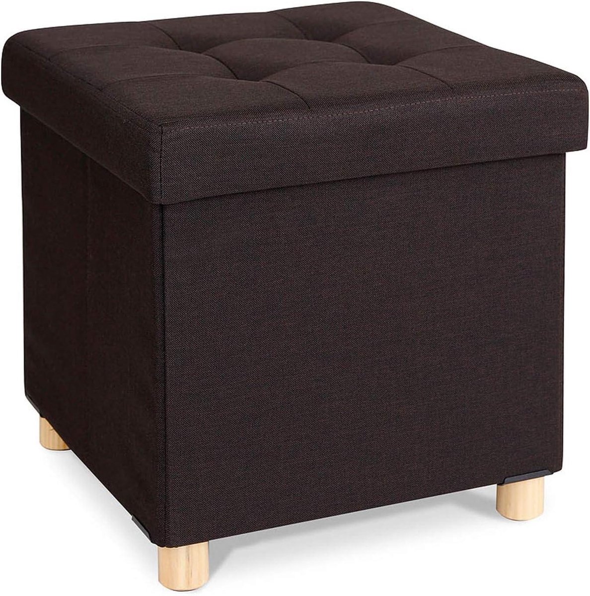 Opvouwbare kruk linnen opbergkist houten poten - 38 x 38 x 38 cm - bruin