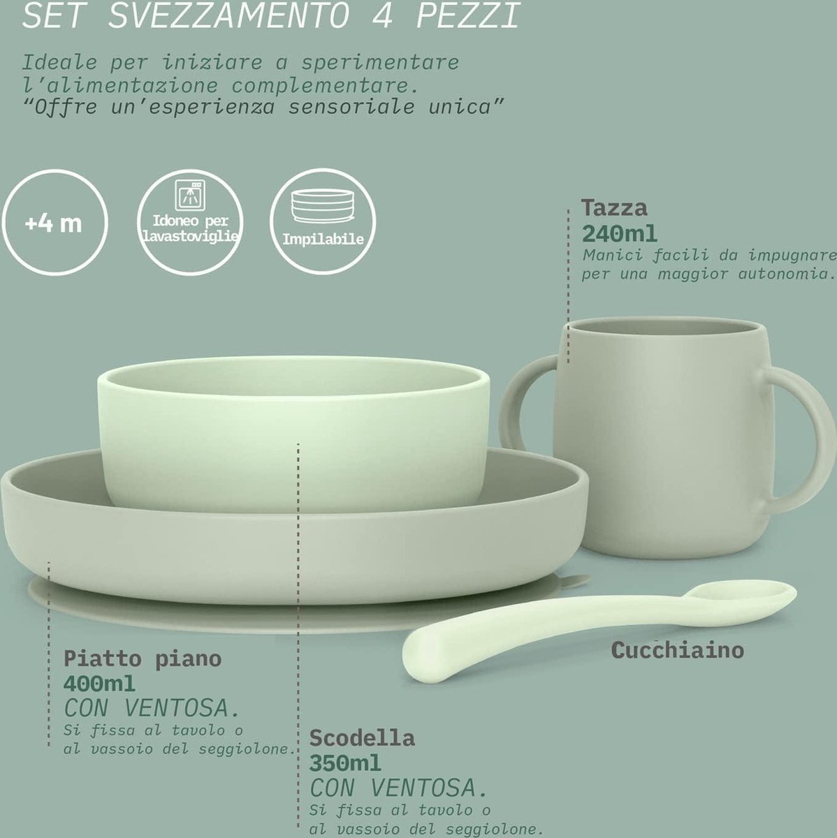 Goedkoopste Babyservies van siliconen met robuuste zuignap in groen - kom bord beker lepel - 4 maanden - 350 ml 400 ml 240 ml