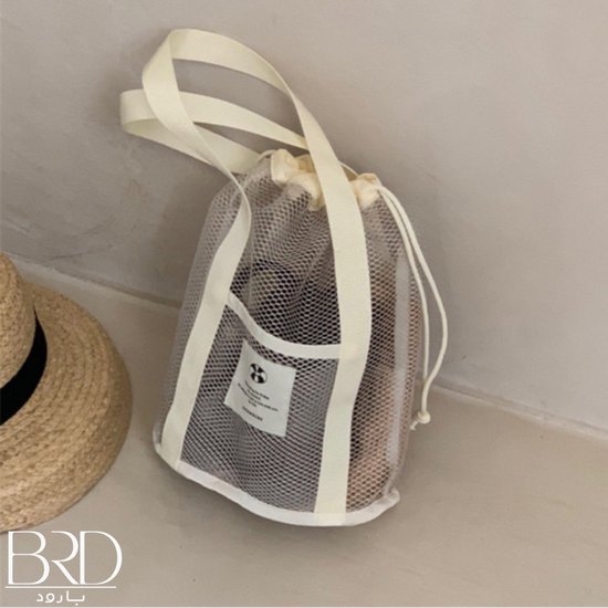 BRD® Outdoor | Khaki Strandtas van gaas met een trekkoord en handvat | Mesh schoudertas voor kinderen en volwassenen | Beige wit zand kindertas speelgoed tas