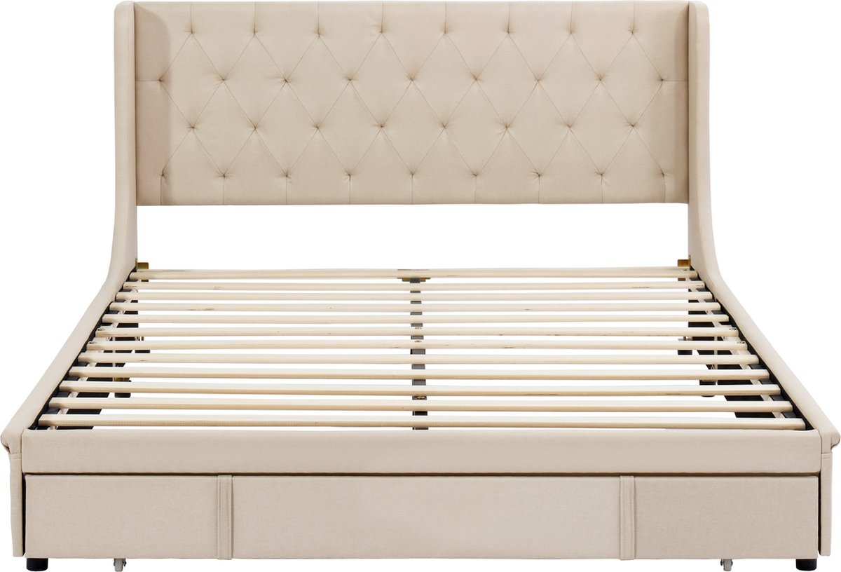 YESGIGA Gestoffeerd bed 140 x 200 cm met uittrekbed en laden, huidvriendelijke linnen bekleding, tweepersoonsbed, kinderbed, tienerbed, logeerbed (beige, 90 x 200 cm