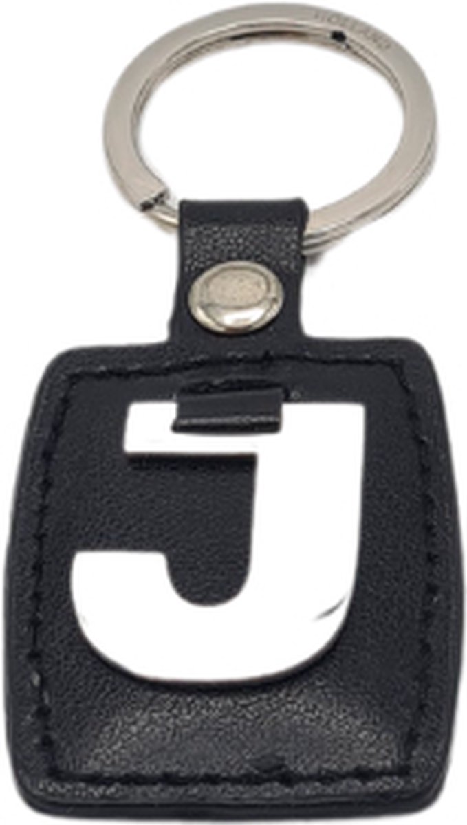 Sleutelhanger - Zilver/Zwart - Letter J - Kunstleer - Metaal