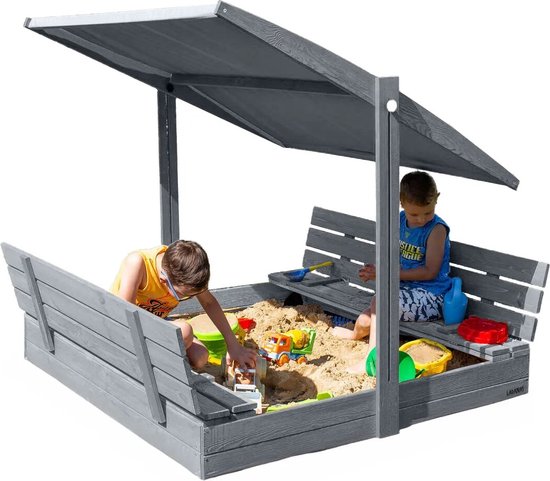 Afsluitbare XL Zandbak met Dak 140x140 cm – Gecertificeerd & Geïmpregneerd Hout | Incl. AFDEKZEIL, GRONDDOEK & Montagevideo | Voor 2-3 Kinderen | Grijs