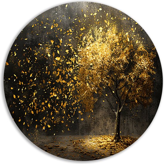 Boom met gouden bladeren - Wanddecoratie rond - Natuur - Goud - Zwart - Wandschaal woonkamer - Wandcirkel - Kantoor accessoires - Muurcirkel forex 60x60 cm