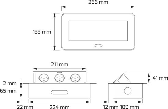 Technische tekening van een zilveren inbouw stekkerblok met afmetingen: 266x133 mm (buitenmaat), 211x109 mm (inbouwmaat).