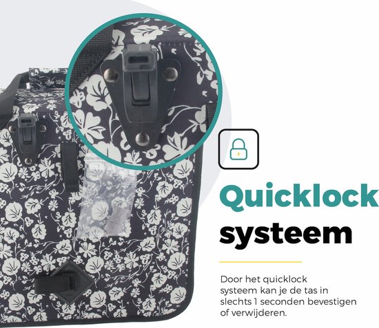 Voltano Enkele Shopper Fietstas - 17 Liter - Midnight Blossom - Zwart Met Witte Bloemen - Waterdicht - Luxe Universele Bevestiging van Voltano — afbeelding 2