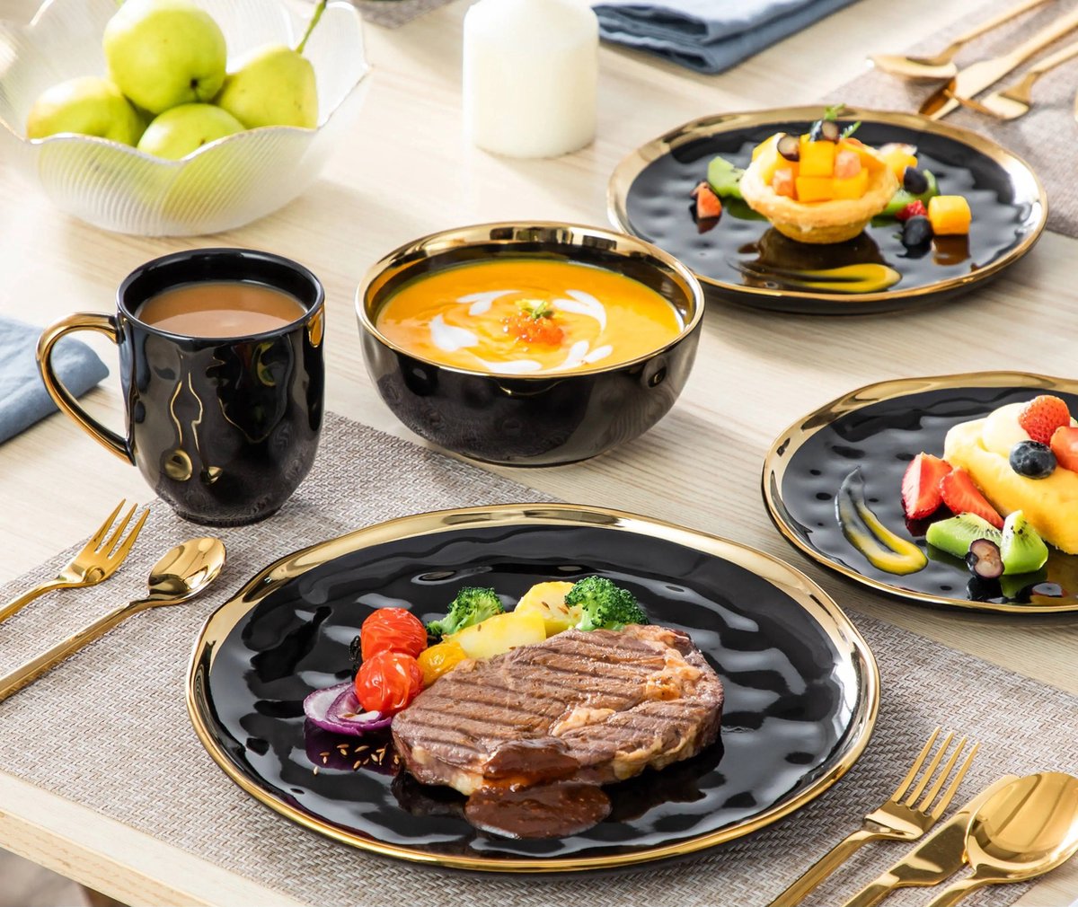 Pokini Zwarte luxe borden en kommensets, 12-delige porseleinen serviesset, servies voor 4, moderne platte bordenset, gouden rand, serviesset voor bruiloft, jubileum, verjaardag