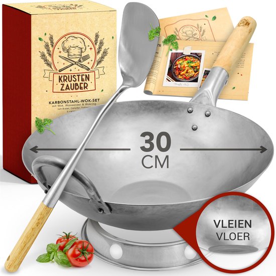 KRUSTENZAUBER 30 cm wokpan inductie platte bodem - Traditionele stalen wok met wokdraaier en wokring - Wok inductie, elektrisch, gas fornuis