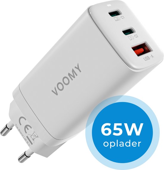 Foto: Voomy 65w snellader oplader geschikt voor iphone 11 12 13 14 15 samsung s20 s21 s22 s23 s24 macbook 2 usb c 1 usb a adapter wit