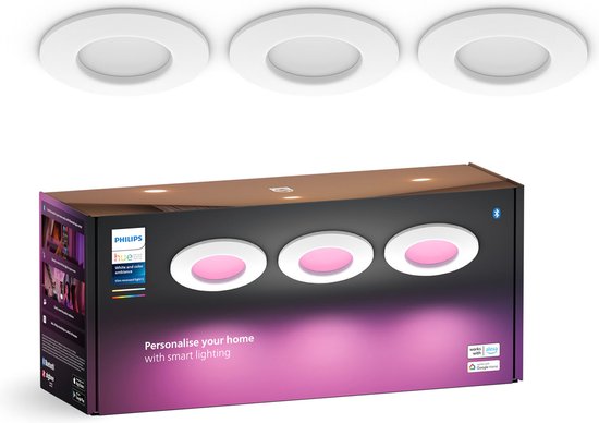 Philips Hue inbouwspot dun - wit en gekleurd licht - 3 lampen - Ø90mm - wit