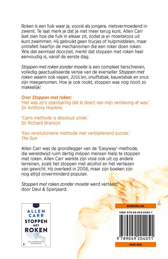 Achterkant boek "Stoppen met roken zonder moeite" van Allen Carr, met ISBN en barcode.