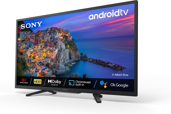 Sony Android TV met een afbeelding van de kust van Cinque Terre, met "Bravia Engine", "HDR", "Dolby Audio", "Chromecast built-in" en "Ok Google".