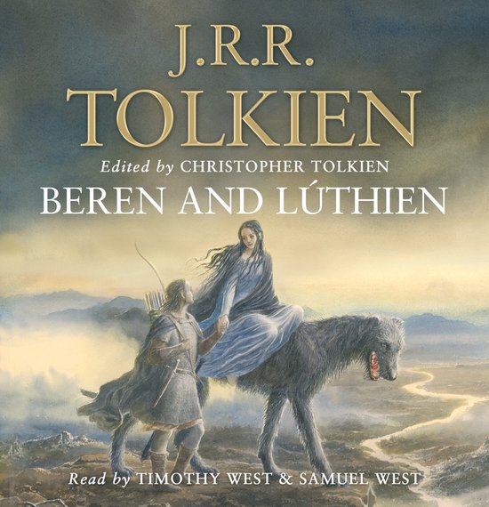 Beren and Lúthien : Un homme et une créature ressemblant à un elfe chevauchent une créature ressemblant à un loup à travers un paysage brumeux.