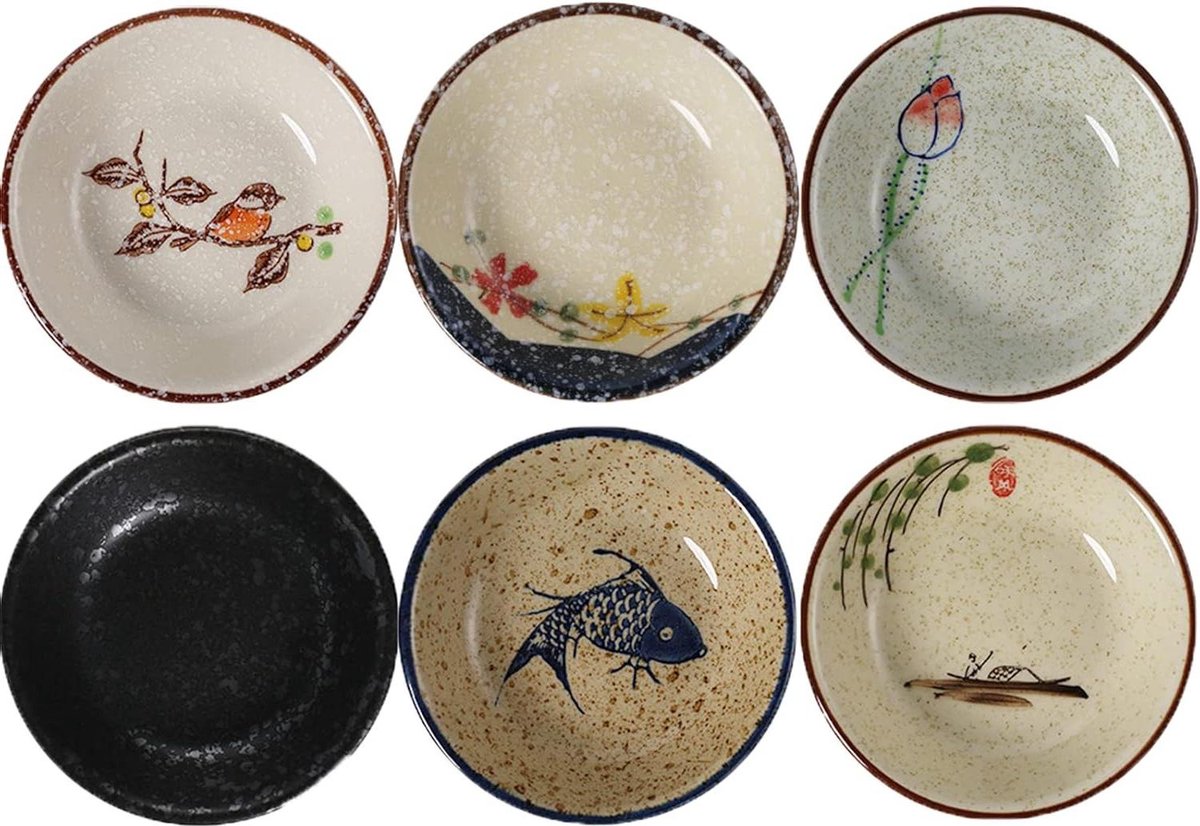 Keramische dipschaaltjes - porselein snackschalen - Japanse stijl - set van 6 - Ø 10 cm