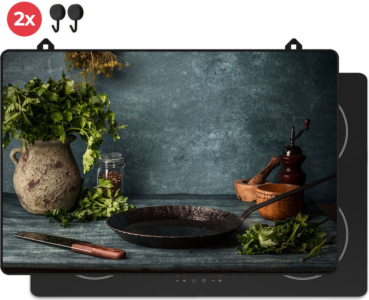 KitchyMist Inductie Beschermer 78x52 cm - Stilleven van Kruiden en Specerijen - Kookplaat Beschermer - Afdekplaat voor Kookplaat - Inductie Mat - Spatscherm Achterwand Keuken