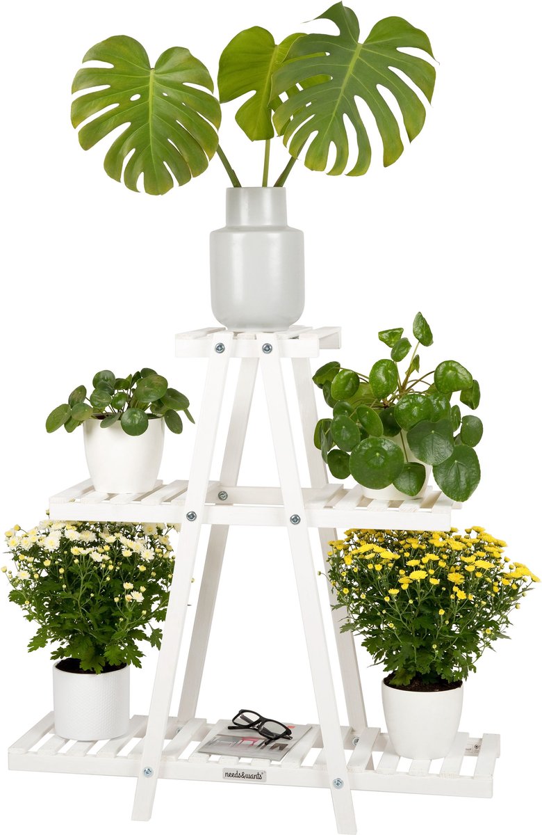 need&wants® plantenstandaard bloemenstandaard van hout weerbestendig voor binnen buiten balkon tuin buiten binnenmuur, plantenplank bloementrap, 83 x 28 x 83 cm hoog, wit