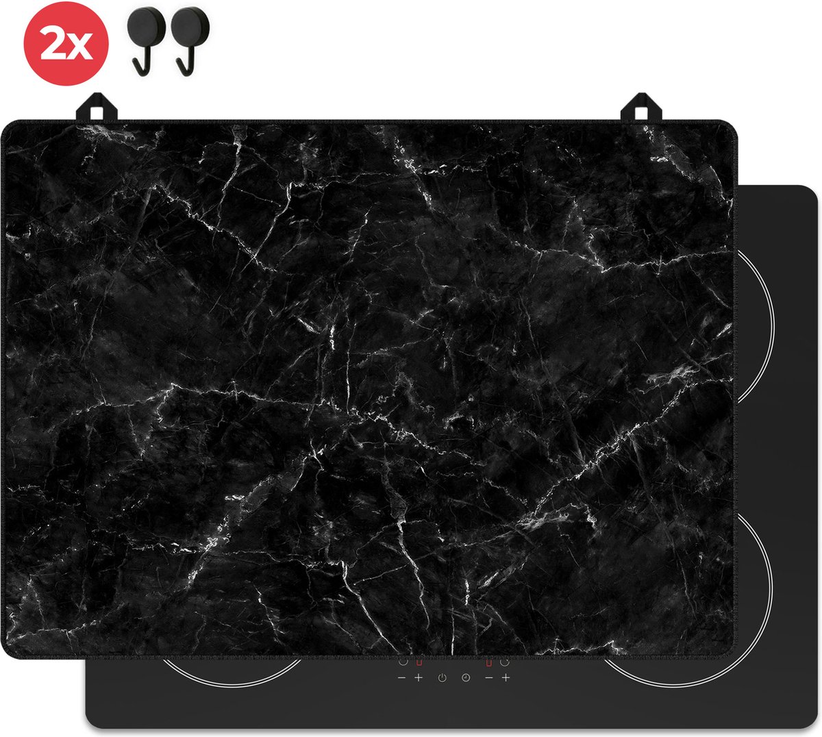 KitchyMist Inductie Beschermer 71x52 cm - Zwarte Marmeren Stenen met Witte Scheuren - Kookplaat Beschermer - Afdekplaat voor Kookplaat - Inductie Mat - Spatscherm Achterwand Keuken