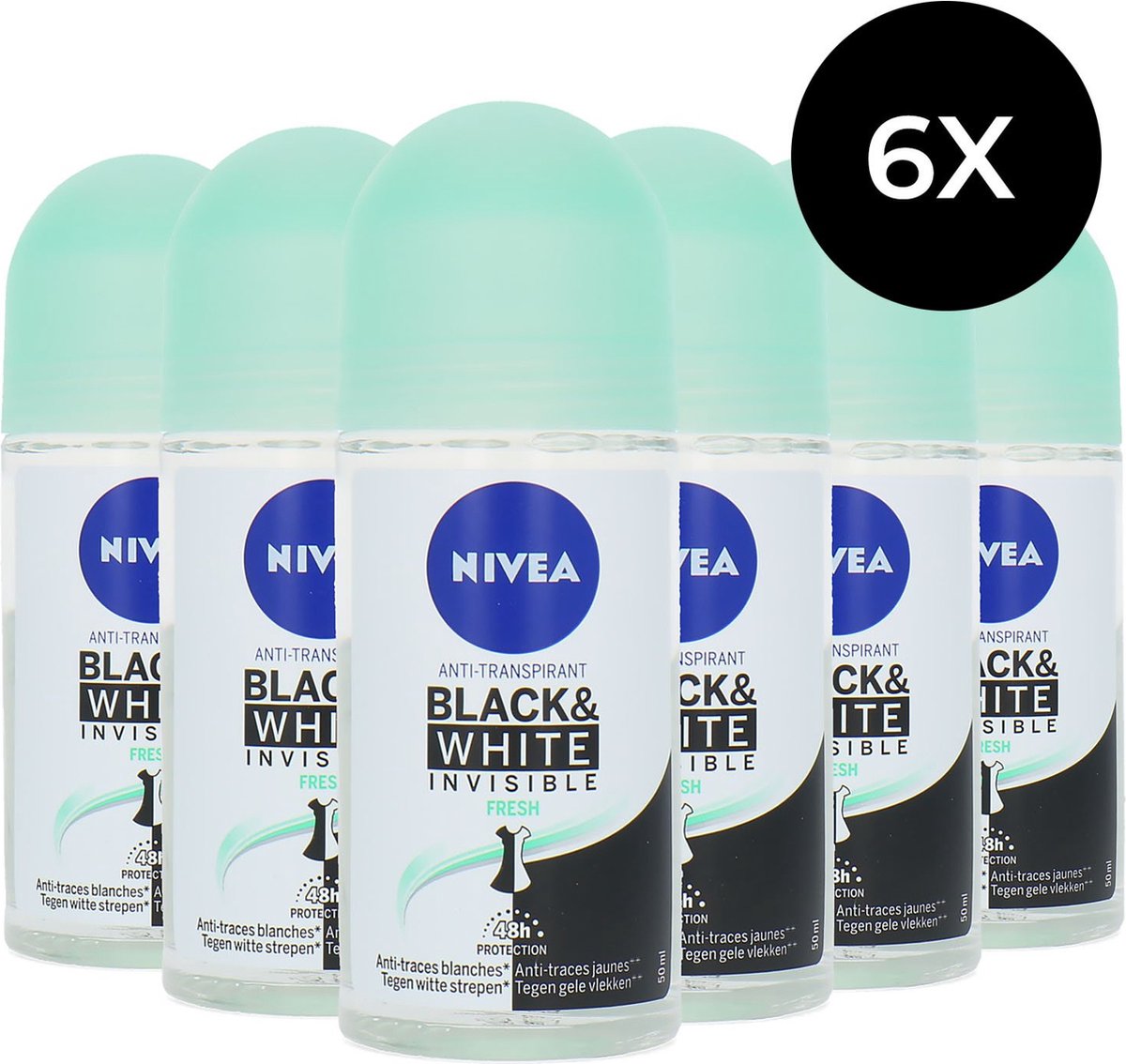 Goedkoopste Nivea Black & White Invisible Fresh Deo Roller - 6 x 50 ml