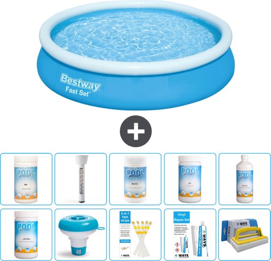 Piscine Opblaasbaar ronde à Set Fast Bestway - 366 x 76 cm - Blauw - Chlore inclus - Flotteur de chlore - Bandelettes de test - Kit de réparation - Brosse à récurer - PH-moins - PH-plus - Thermomètre - Algues - Chlore