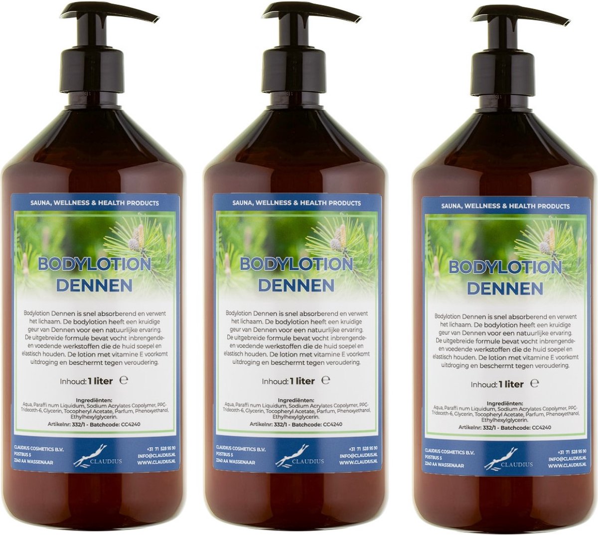 Bodylotion Dennen 1 Liter - met gratis pomp - set van 3 stuks