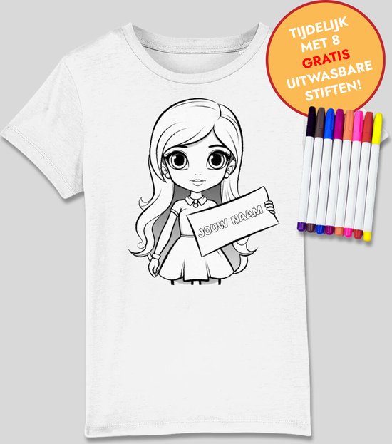 T-shirt à colorier enfants - fille - cadeau enfant - 3 à 4 ans - naam eigen - personnalisé - couleurs - feutres pour enfants - t-shirt