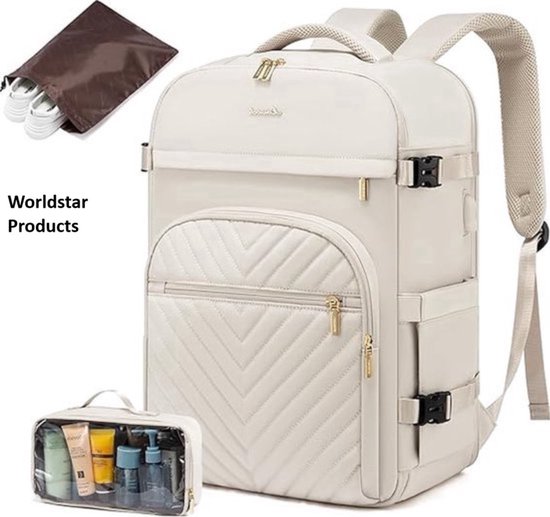 Reisrugzak dames Super Grote Handbagage, Luxe Worldstar Products rugzak, reisrugzak voor dames, groot, 15,6 inch, laptop, reisrugzak, dames, waterdichte tas, weekendtas, 2 Extra zakken, draagtas voor vliegtuig, reizen, business, cabine, beige