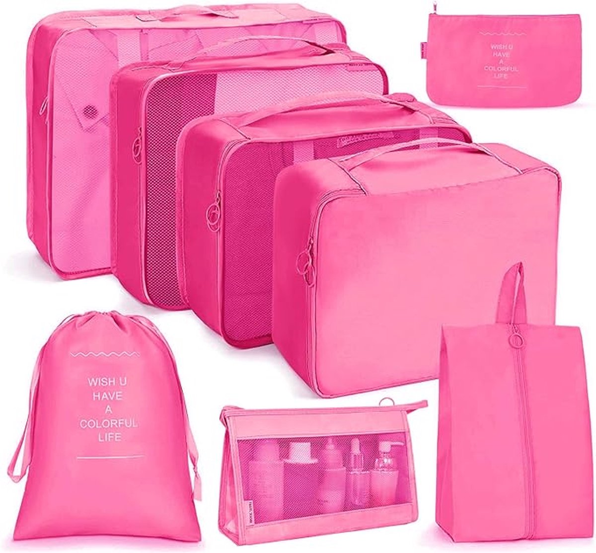 Kofferorganizerset, 8-delig, Packing Cubes, waterdichte reis-kledingtassen, paktassen voor koffer, verpakkingskubus met cosmeticatas, schoenentas, USB-kabeltas (roze-rood)
