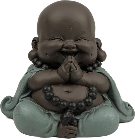 Boudha - standbeeld geluksbrenger – mini boudha - Zen en Feng Shui decoratie – voor het creëren van een ontspannende en spirituele sfeer – origineel cadeau-idee – breedte: 9 cm – kleur: groen en bruin