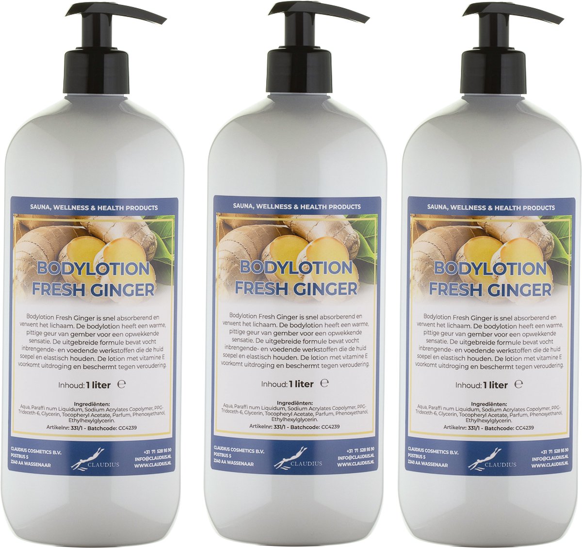 Bodylotion Fresh Ginger 1 Liter - met gratis pomp - set van 3 stuks