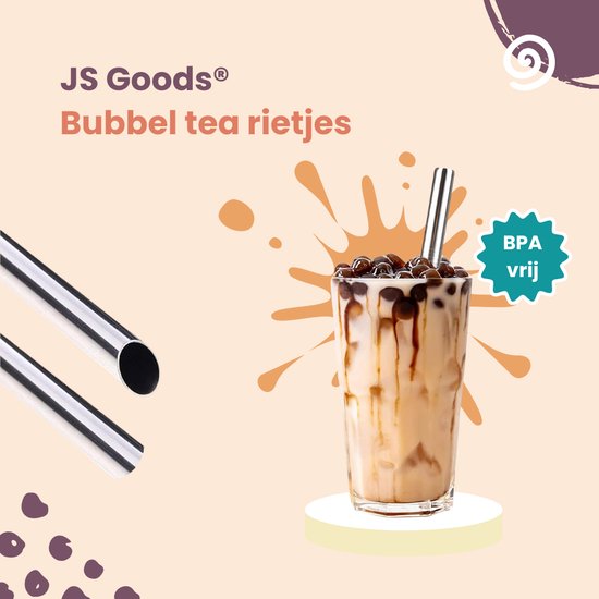 Een glas bubbelthee met een zilverkleurig rietje, met de tekst 'JS Goods Bubbel tea rietjes' en een 'BPA vrij' icoon.
