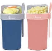 Mueslibeker to go, set van 2, yoghurtbeker to go, 760 ml + 230 ml, met dressinghouder, mueslibeker om mee te nemen, met lepel en deksel, praktische mueslibeker, fruitcontainer voor picknick