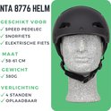 Zwarte helm op een grijze paspop, met tekst over geschiktheid voor speed pedelecs, snorfietsen en elektrische fietsen, maat en gewicht.