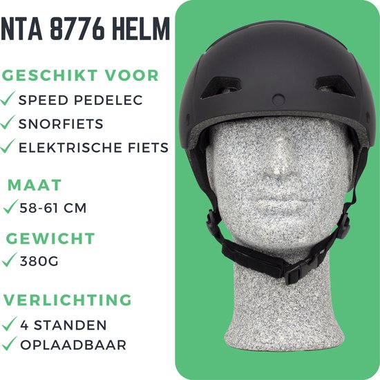 Zwarte helm op een grijze paspop, met tekst over geschiktheid voor speed pedelecs, snorfietsen en elektrische fietsen, maat en gewicht.