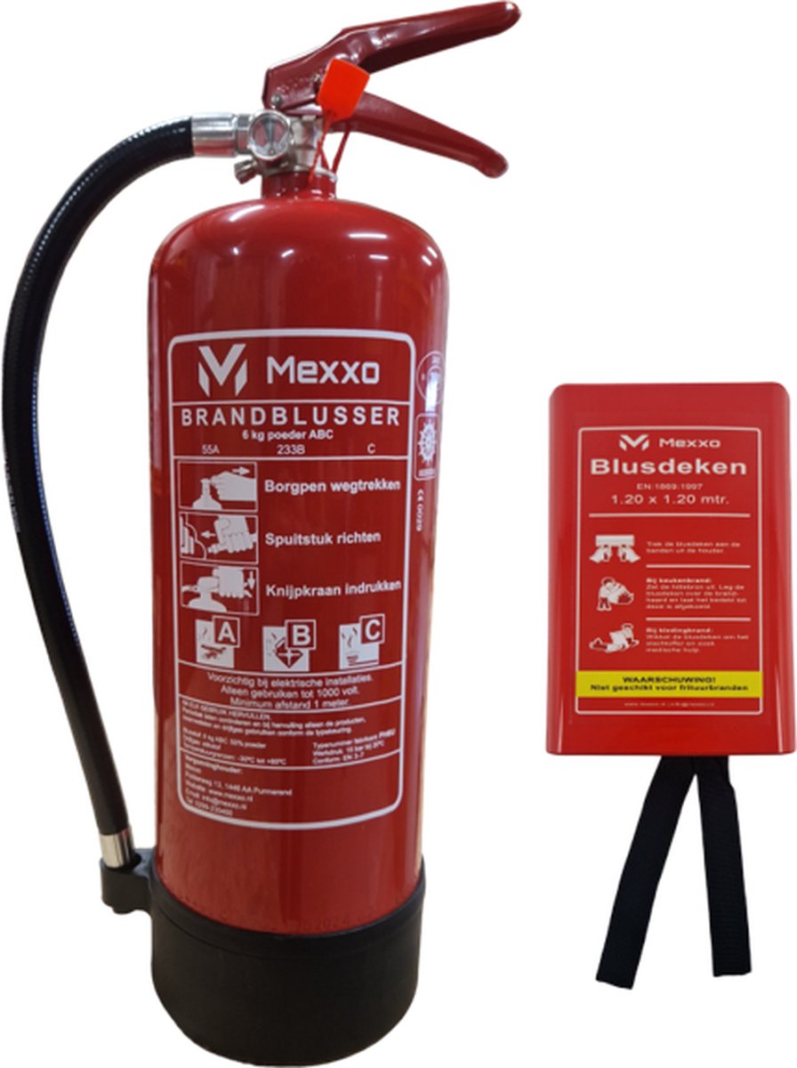 Poederblusser 6 KG ABC & Blusdeken 120 x 120cm - Poeder brandblusser - Met montagebeugel & ophangoog - Inclusief keuringssticker - Mexxo
