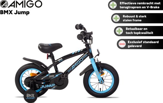AMIGO BMX Jump Jongensfiets 12 Inch - Kinderfiets voor 2 tot 4 Jaar - 90-105 cm - Met Zijwieltjes - Zwart/Blauw van AMIGO — afbeelding 2
