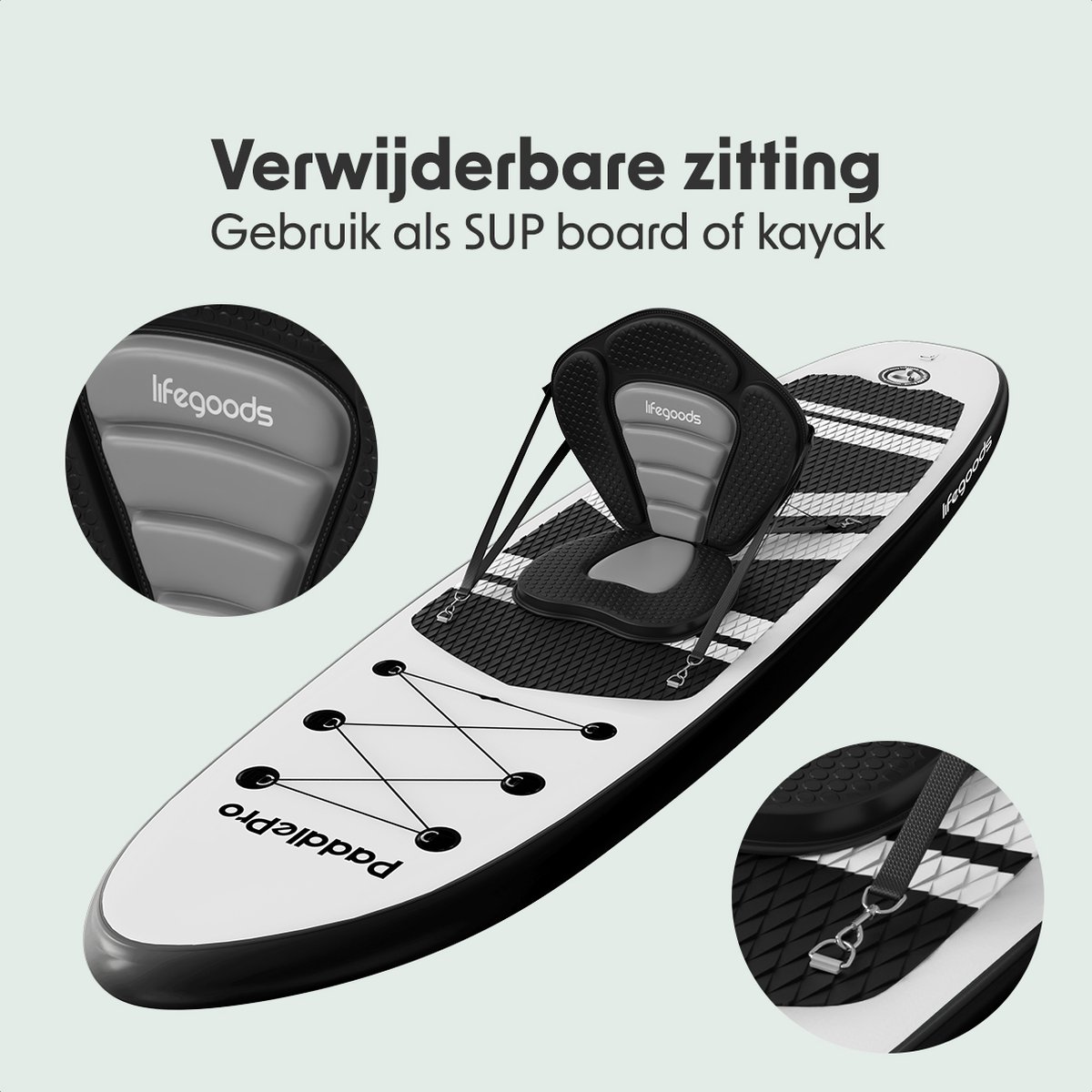 LifeGoods PaddlePro SUP Board - met Zitje - Opblaasbaar Paddle Board - Complete Set - Max. 150KG - 320x81cm - Wit/Zwart – foto 7