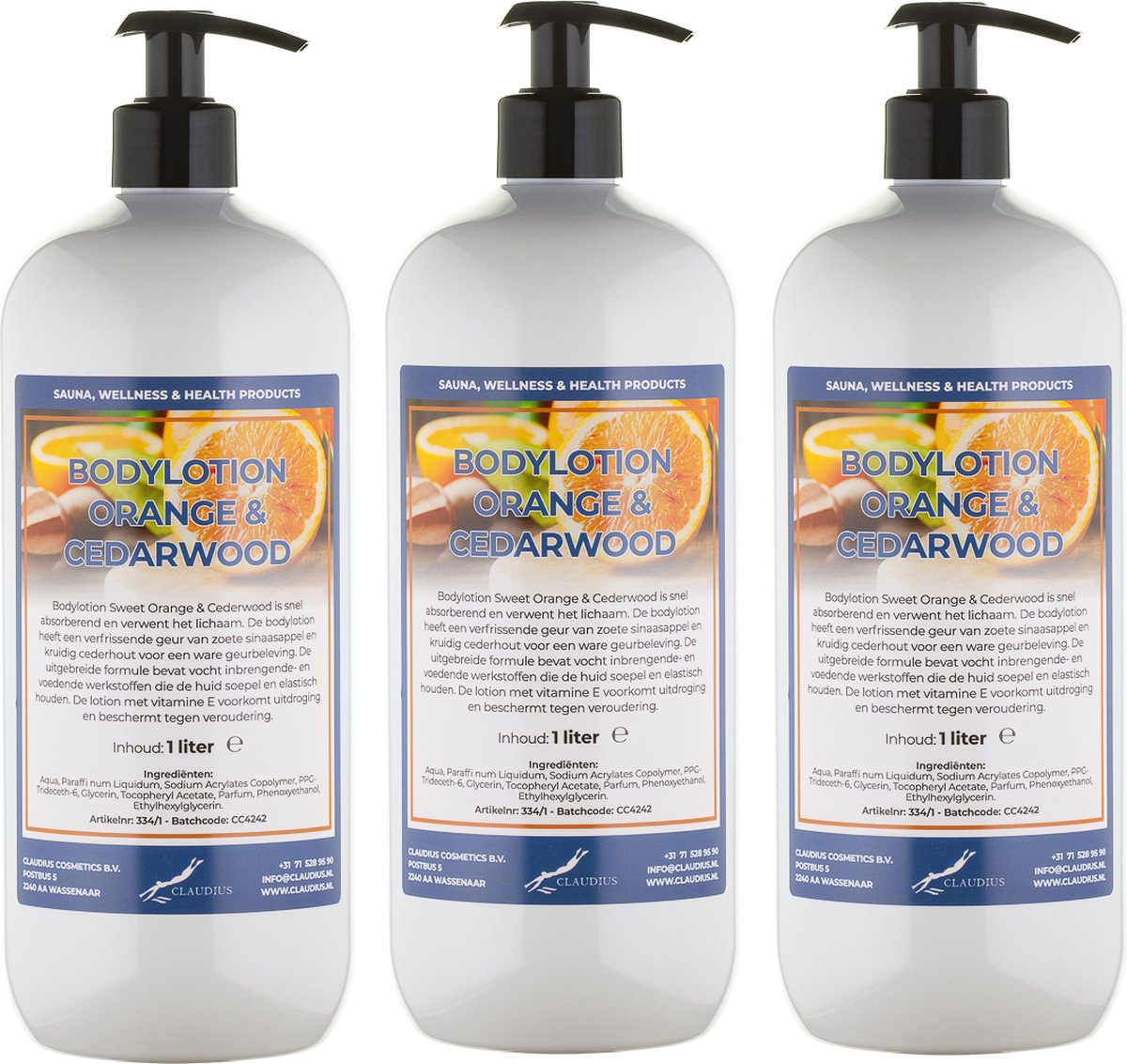 Bodylotion Sweet Orange & Cedarwood 1 Liter - met gratis pomp - set van 3 stuks