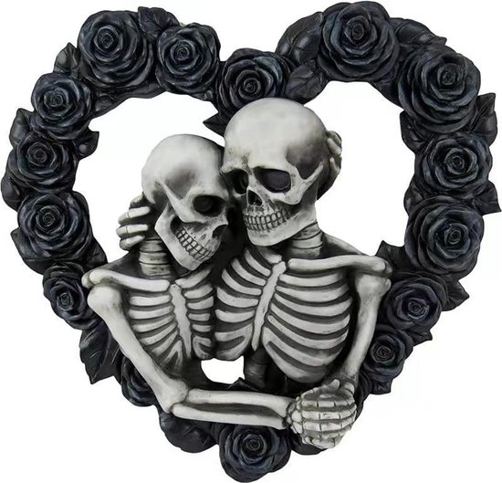 Paar schedel wanddecoratie 20 x 20 cm zwarte schedel hartvormige roos hangende decoratie deurdecoratie Halloween schedelkrans herfst winter decoratieve Thanksgiving binnen wanddecoratie