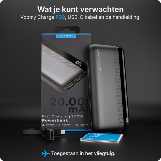 De Voomy powerbank P20, USB-C kabel en handleiding, verpakt in de originele doos met specificaties van 20000 mAh en 22.5W fast charging.