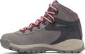 Grijze wandelschoen met roze veters, donkergrijze en beige accenten, van opzij.