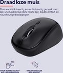 Zwarte draadloze Trust muis met scrollwiel en DPI-knop. Geschikt voor links- en rechtshandigen.