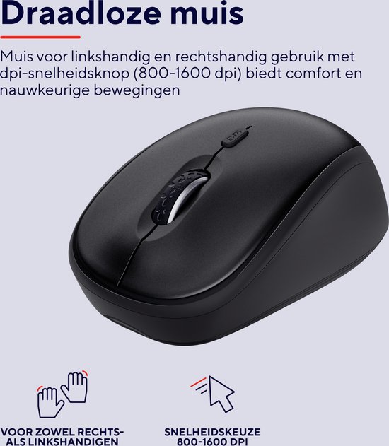 Zwarte draadloze Trust muis met scrollwiel en DPI-knop. Geschikt voor links- en rechtshandigen.