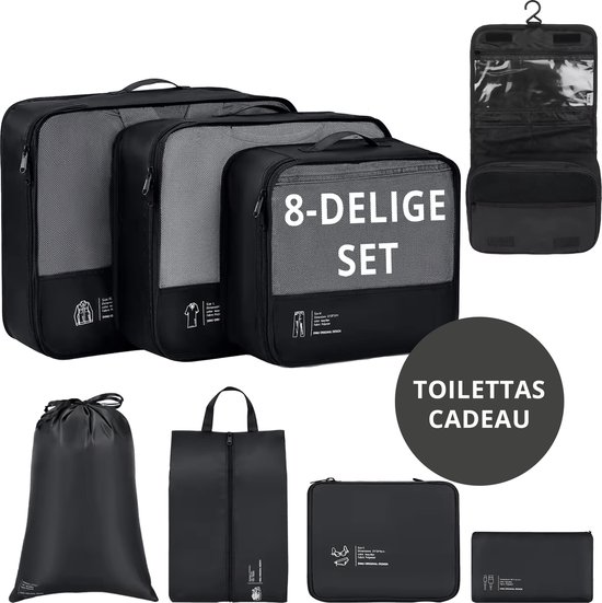 Garzini Packing Cubes - Koffer Organizer Set - 8 delige set - Packing Cubes Compression - Reis Toilettas - Compression Cube -Zwart
