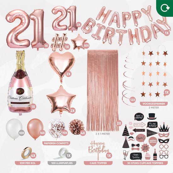 Fissaly 21 Jaar Rose Goud Verjaardag Decoratie Versiering - Helium, Latex & Papieren Confetti Ballonnen