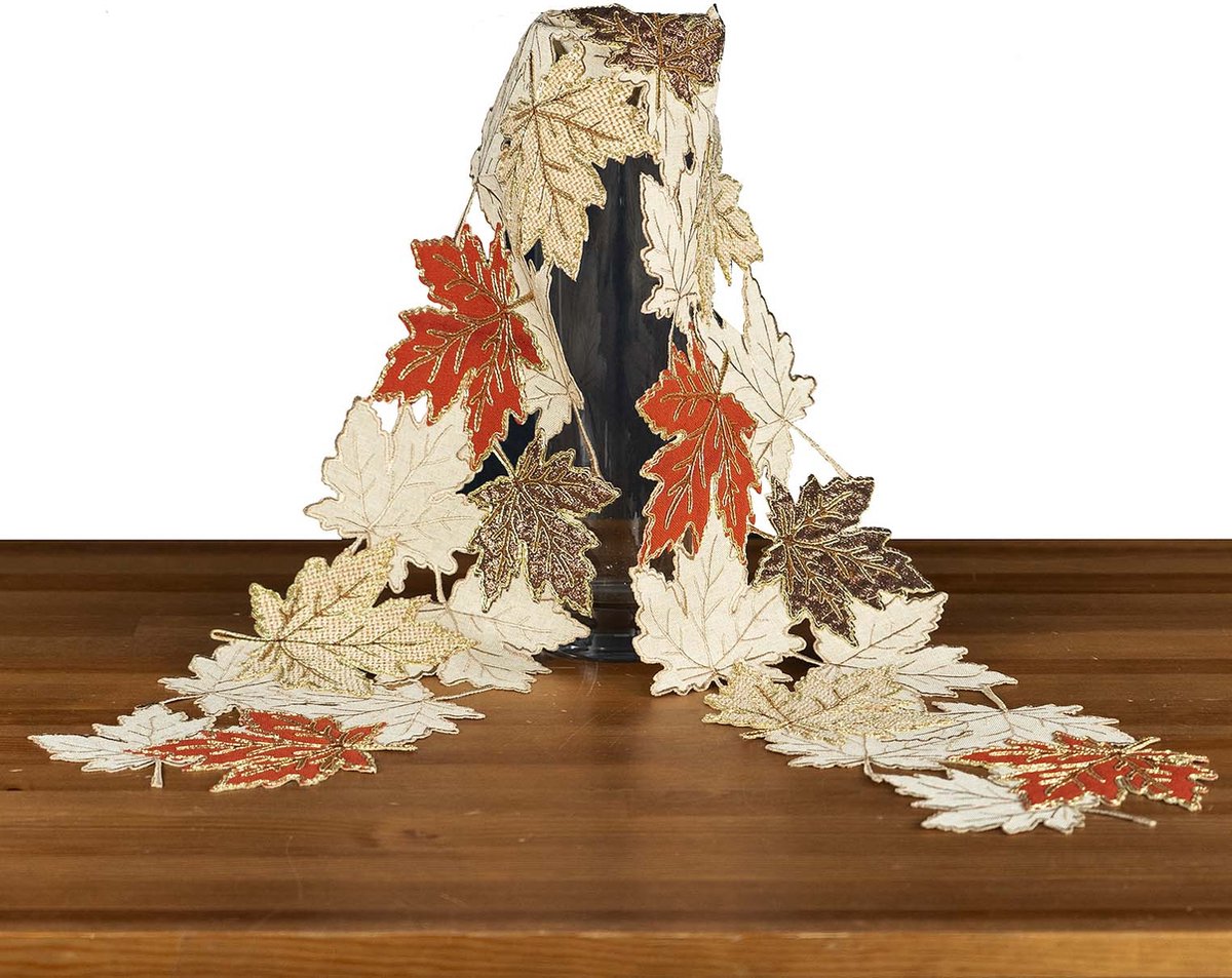 Tafelloper - Herfst - bladeren - Ecru - Bruin - rood - brons - bladeren - gouddraad applicatie - 150 x 20 cm