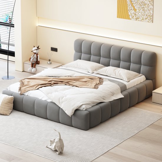 Foto: Sweiko gestoffeerd bed 140 x 190 cm jeugdbed tweepersoonsbed met zachte rug plat bed met gestoffeerd frame flat noedles frame linnen grijs excl matras 