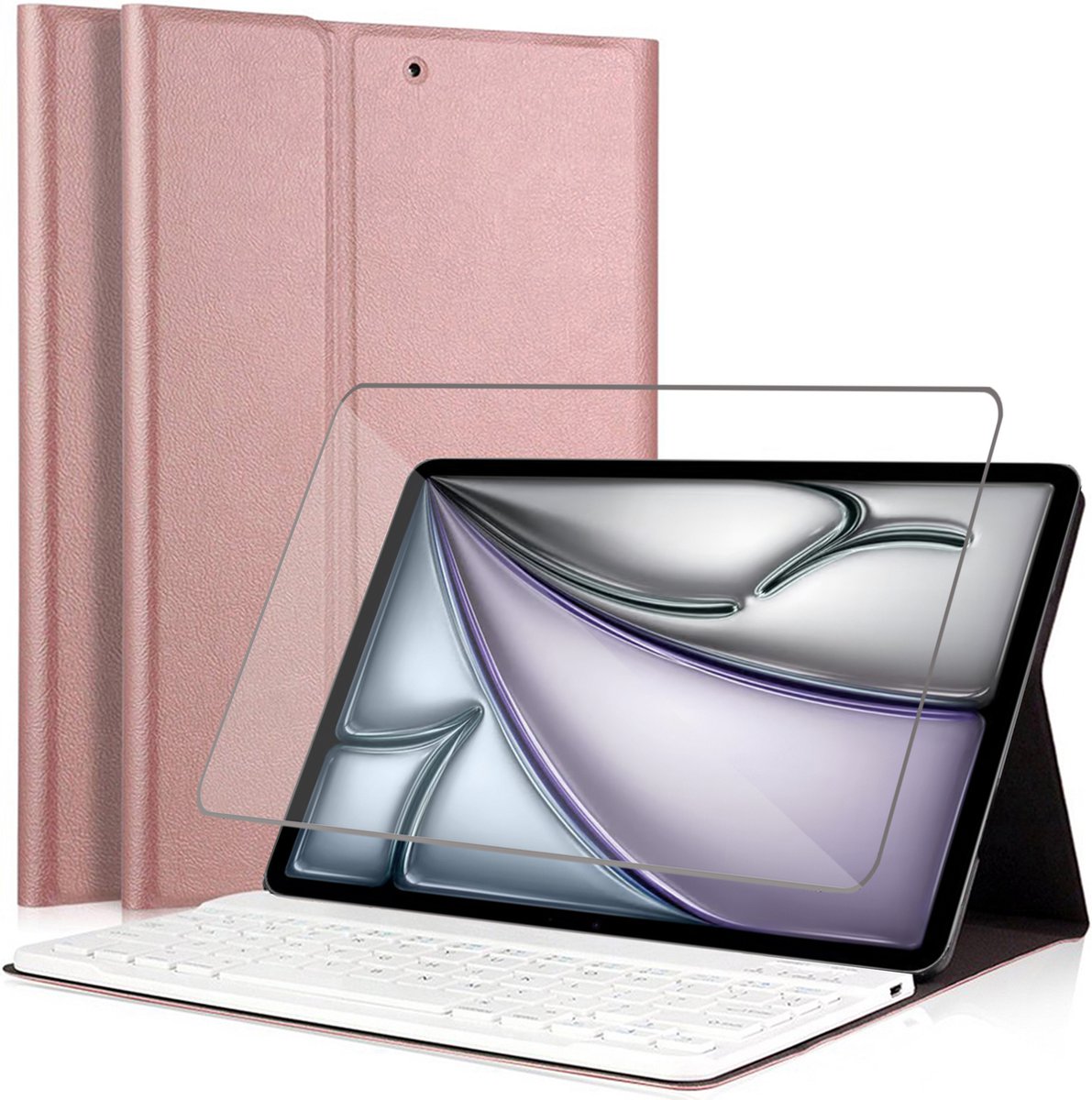 Hoes met toetsenbord geschikt voor iPad Air 13 inch 2024 - Screen Protector GlassGuard - Keyboard Book Case Cover Hoesje Rose & Screenprotector op Prijzenvolger.com